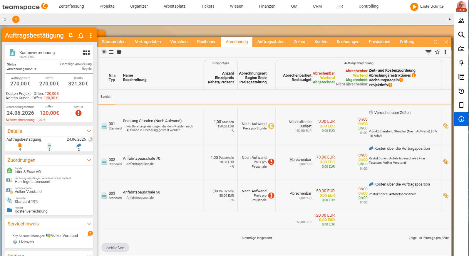 Auftrags-Detailmanager, Reiter „Abrechnung