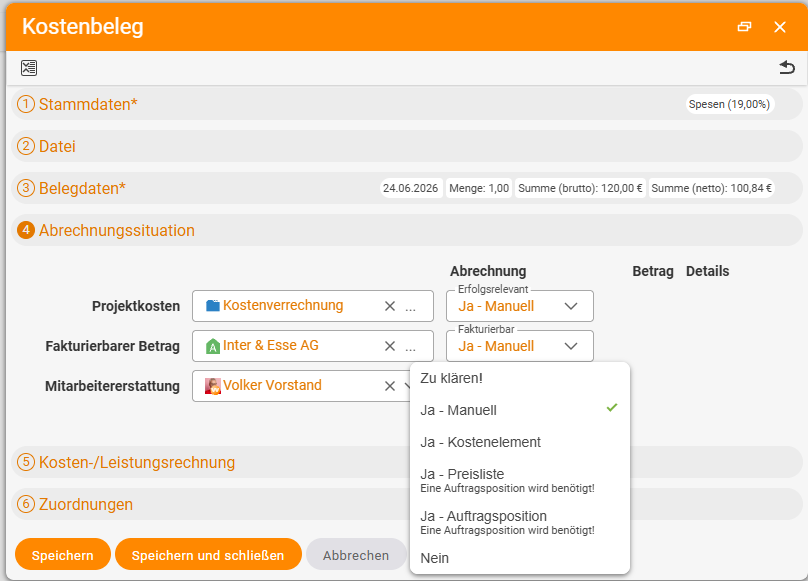Kostenbeleg-Dialog, Akkordeon „Abrechnungssituation