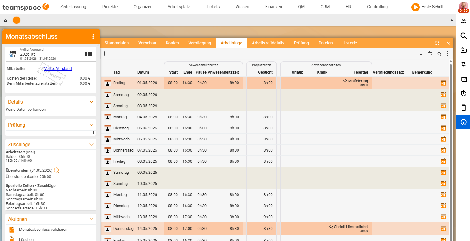 Monatsabschluss, Reiter „Arbeitstage“: Tabelle über die Tage des Monats mit Datum, Start, Anwesenheit/Pause, Projektzeit, Soll/Ist, Urlaub, Krank, Feiertag und Bemerkung