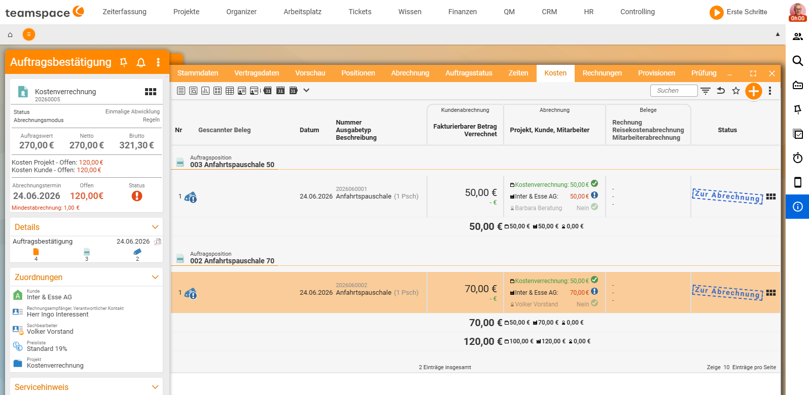 Auftrags-Detailmanager, Reiter „Abrechnung