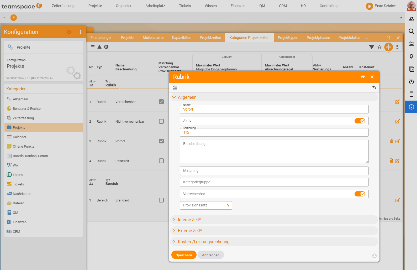 Konfiguration → Projekte → Kategorien Projektzeiten: der Rubrik-Dialog „Vorort