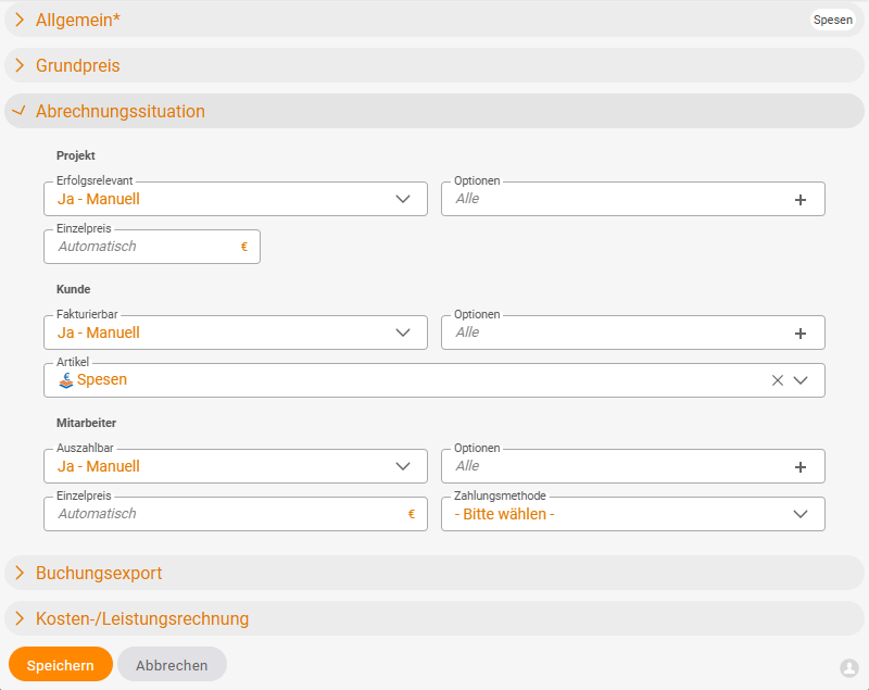 Kostentyp-Dialog, Akkordeon Abrechnungssituation mit den drei Blöcken Projekt (Erfolgsrelevant), Kunde (Fakturierbar) und Mitarbeiter (Auszahlbar), je mit Ja-Manuell-Dropdown und Optionen-Selektor