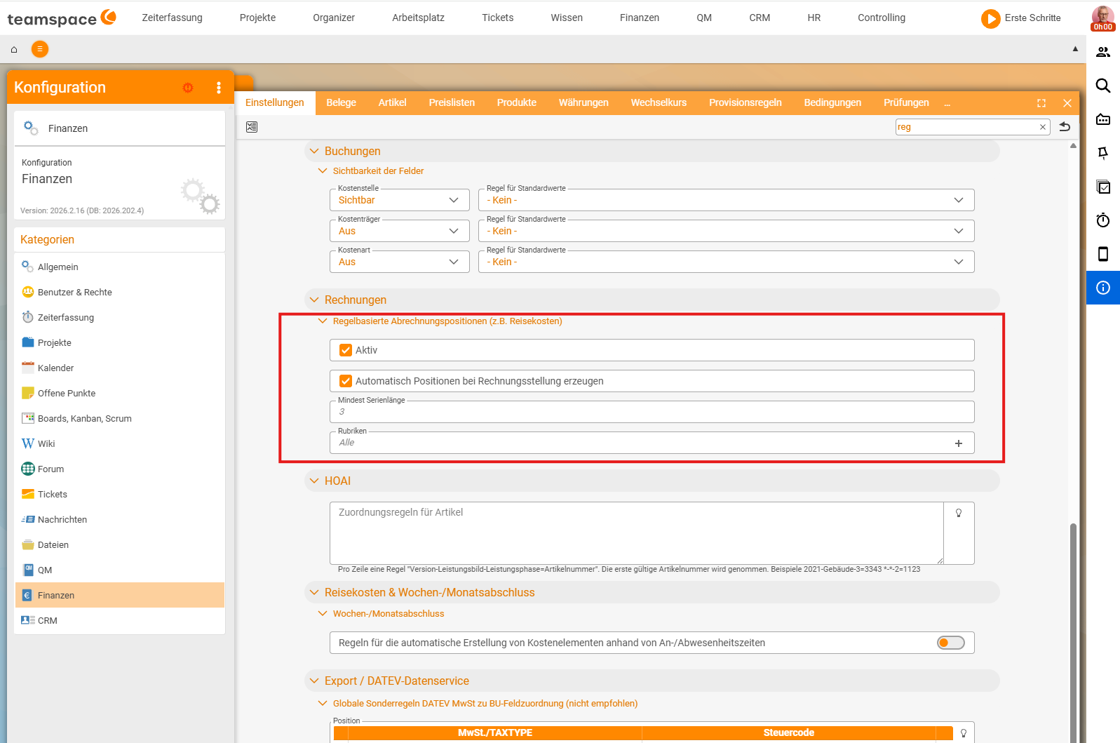 Konfiguration → Finanzen → Reiter „Einstellungen