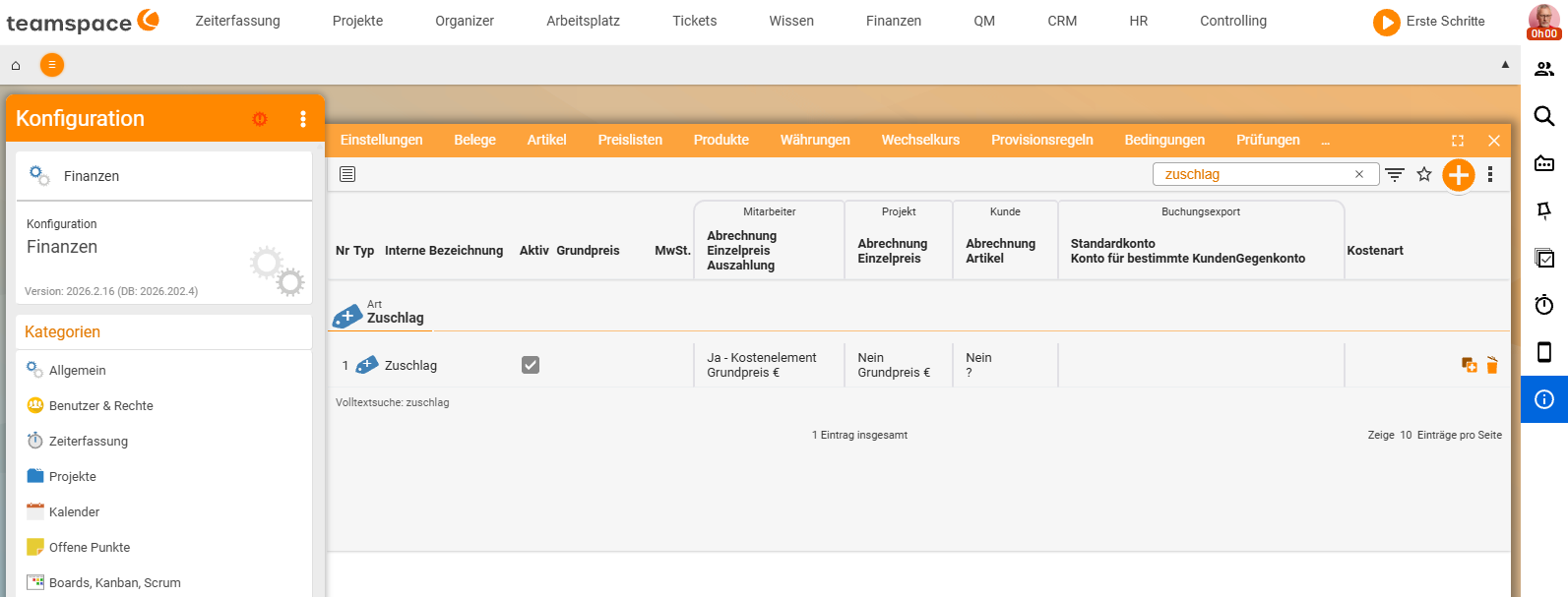 Konfiguration → Finanzen → Artikel, gefiltert nach „zuschlag
