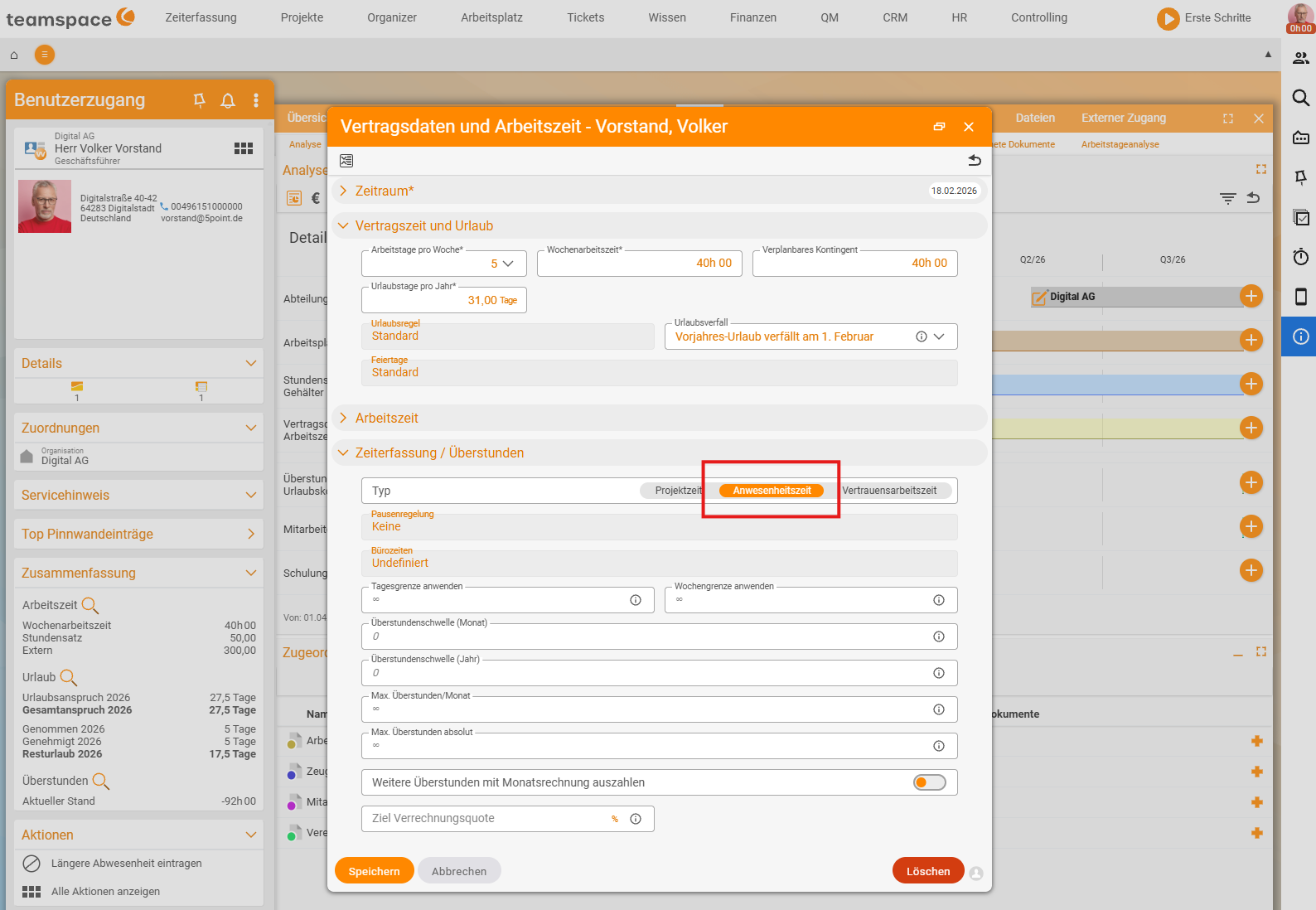HR-Portal, Dialog „Vertragsdaten und Arbeitszeit