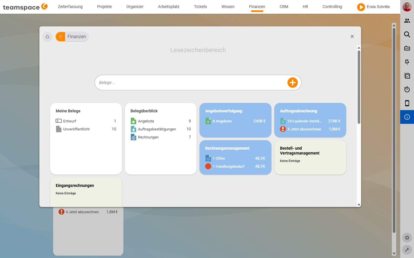 Finanzen-Lesezeichenbereich mit den Kacheln Meine Belege, Belegüberblick, Angebotsverfolgung, Auftragsabrechnung, Rechnungsmanagement und Eingangsrechnungen