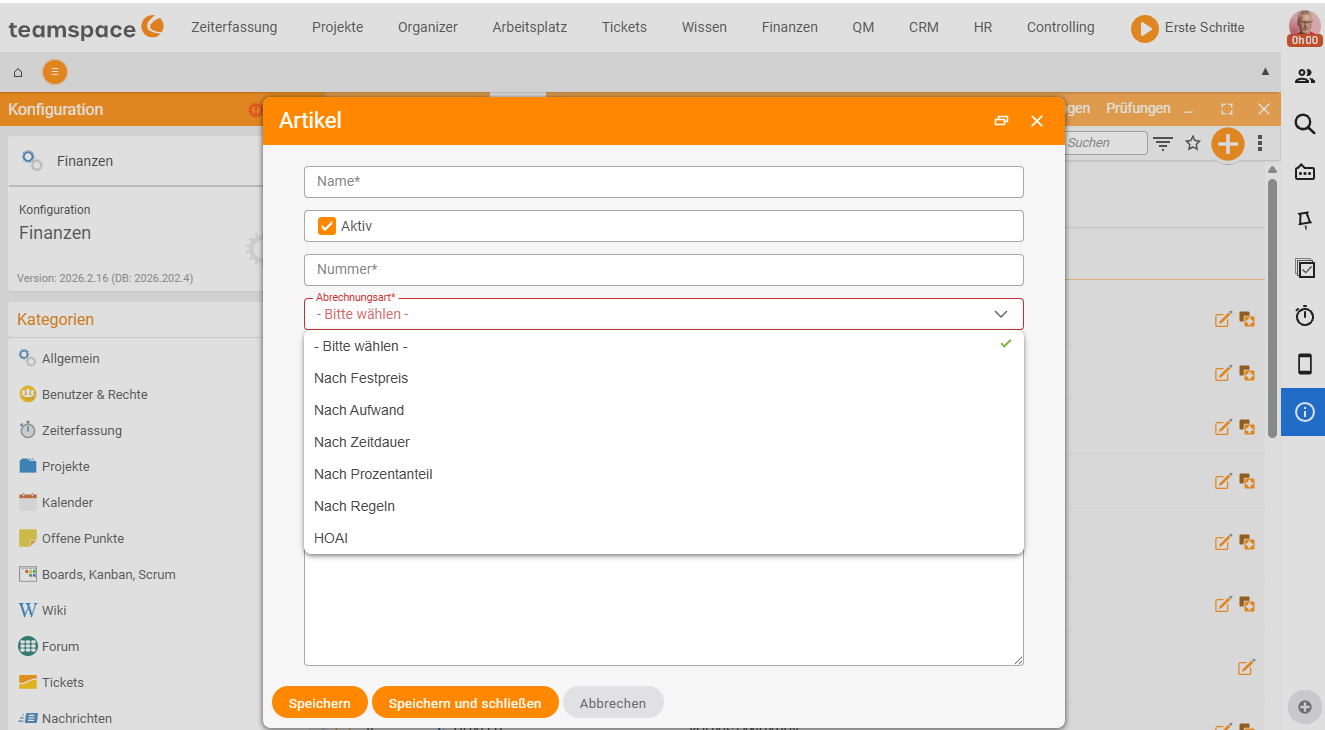 Artikel-Anlage-Dialog mit aufgeklapptem Drop-down Abrechnungsart: Nach Festpreis, Nach Aufwand, Nach Zeitdauer, Nach Prozentanteil, Nach Regeln, HOAI