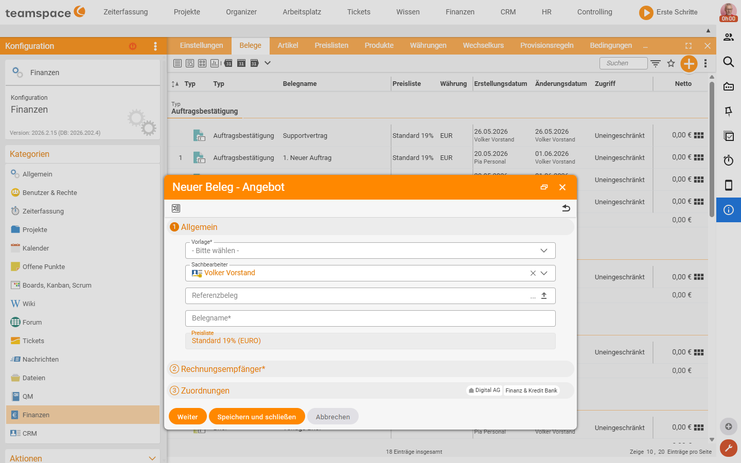 Dialog Neuer Beleg - Angebot mit Feldern Vorlage, Sachbearbeiter, Referenzbeleg, Belegname, Preisliste und den Schritten Rechnungsempfänger und Zuordnungen