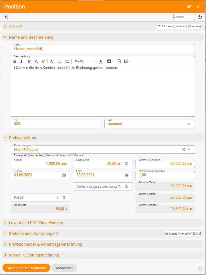 Positions-Dialog „Lizenz (monatlich)