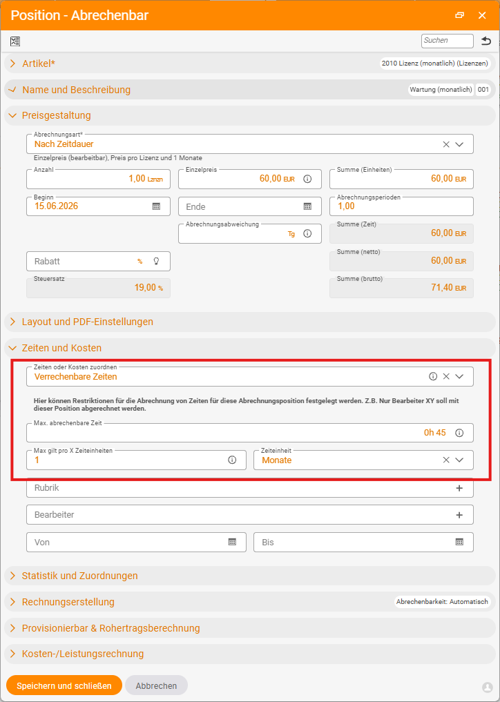 Positions-Dialog „Abrechenbar