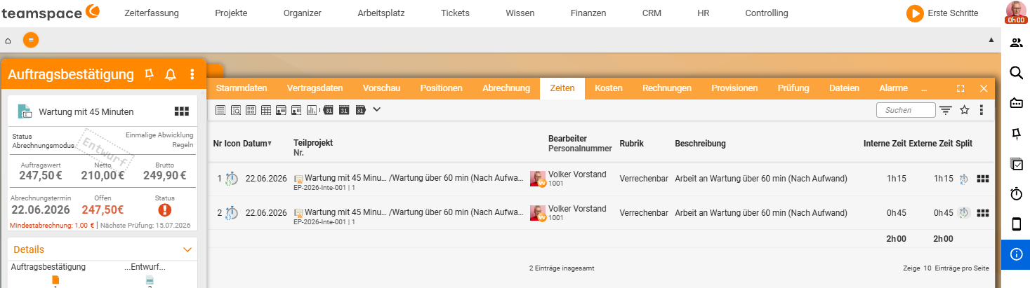 Auftrag, Reiter „Zeiten