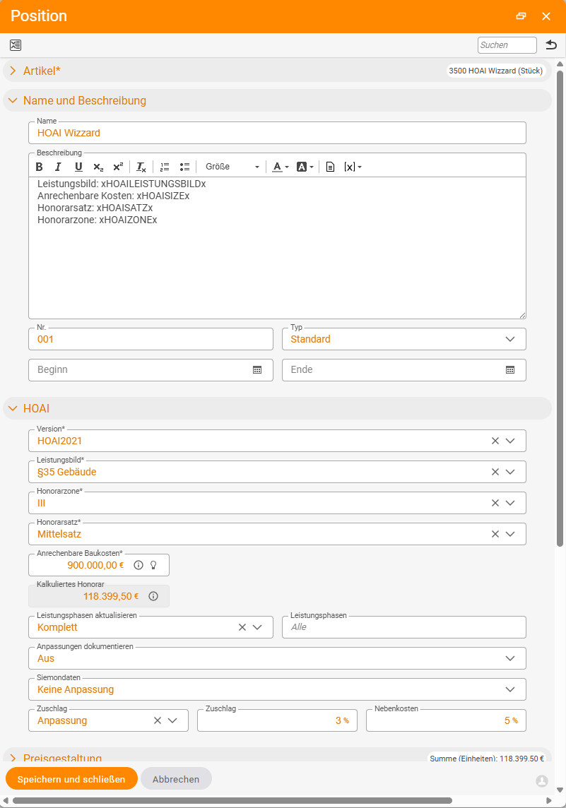 Position-Dialog des Artikels „HOAI Wizzard