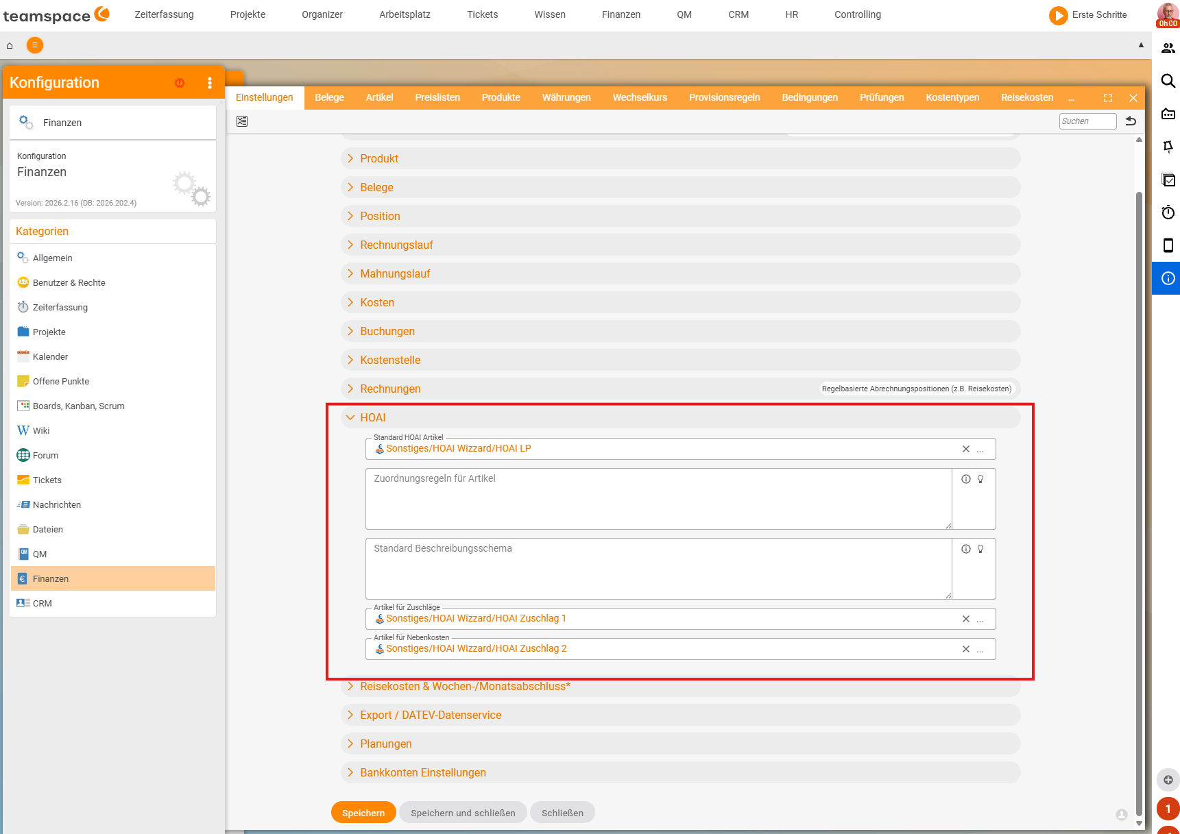 Konfiguration → Finanzen → Einstellungen, Akkordeon „HOAI