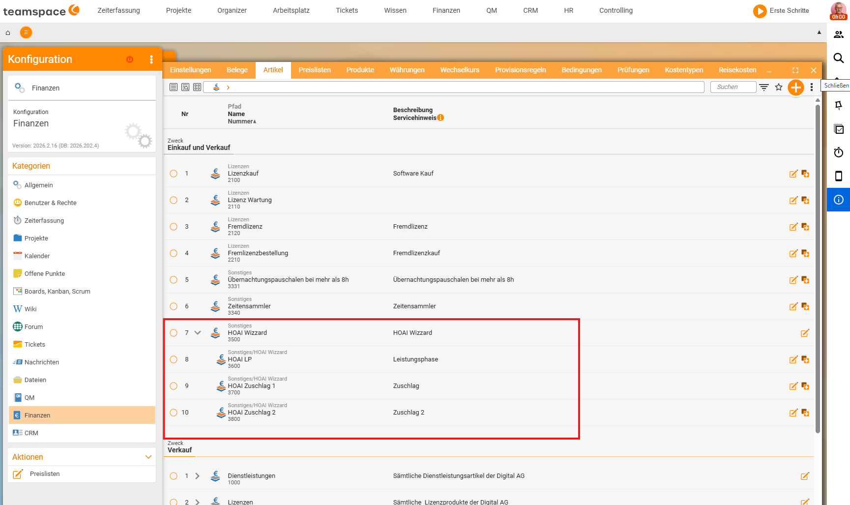 Konfiguration → Finanzen → Artikel: die Artikelliste mit den HOAI-Artikeln „HOAI Wizzard