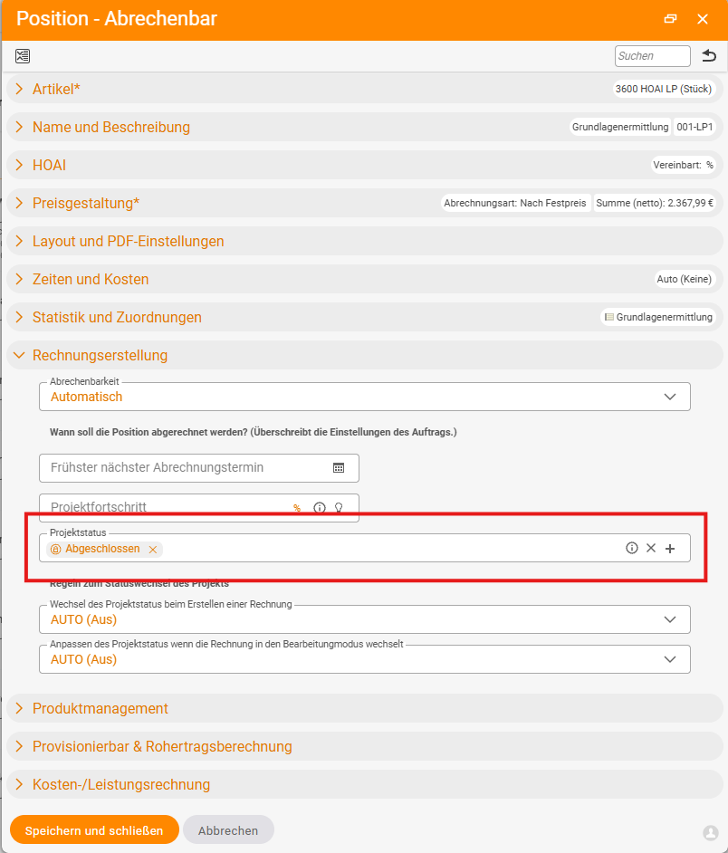 Dialog „Position – Abrechenbar