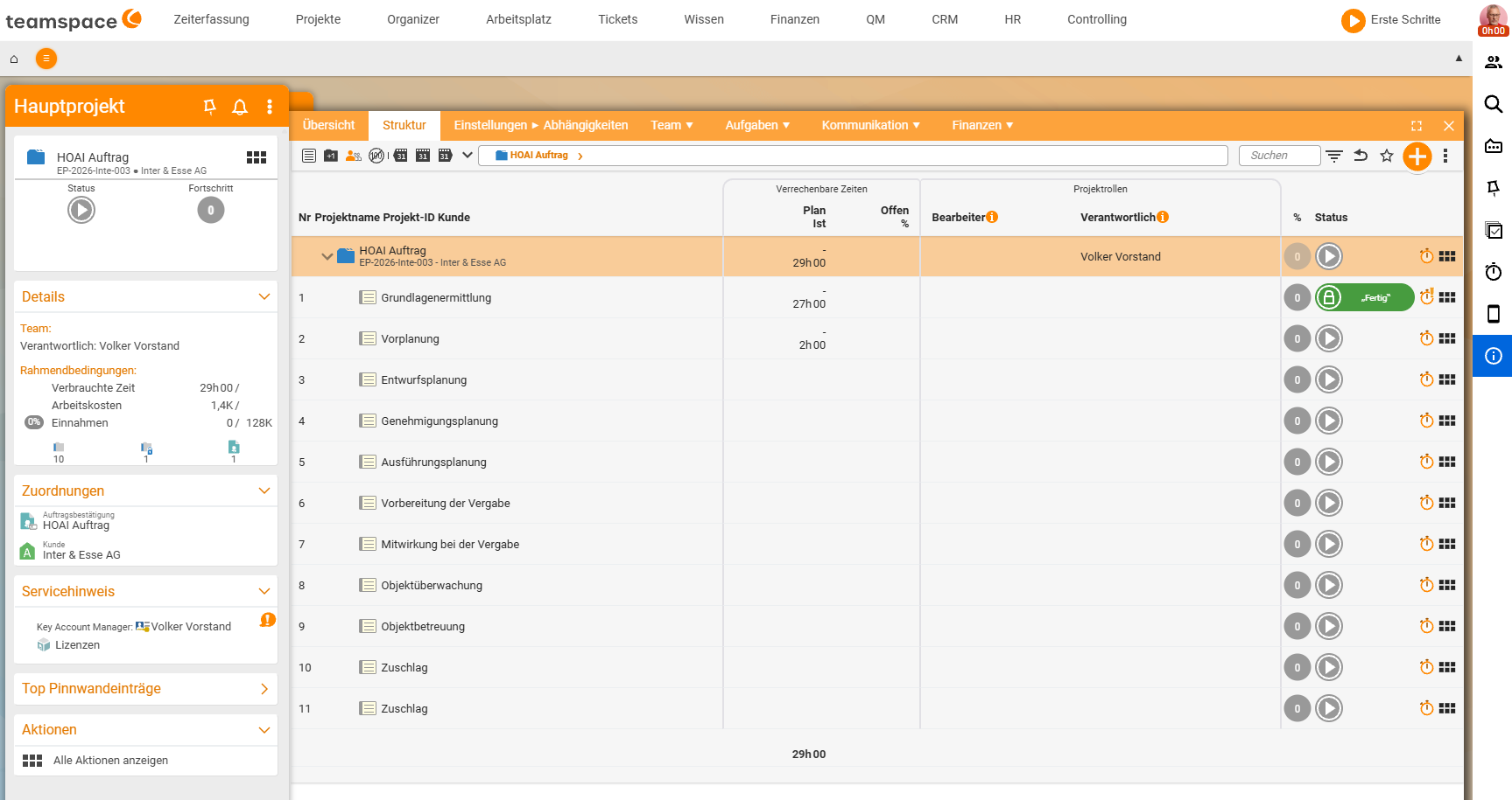 Projektansicht des HOAI-Hauptprojekts: die Leistungsphasen (Grundlagenermittlung bis Objektüberwachung) als Projektstruktur mit einer Status-Spalte je Phase