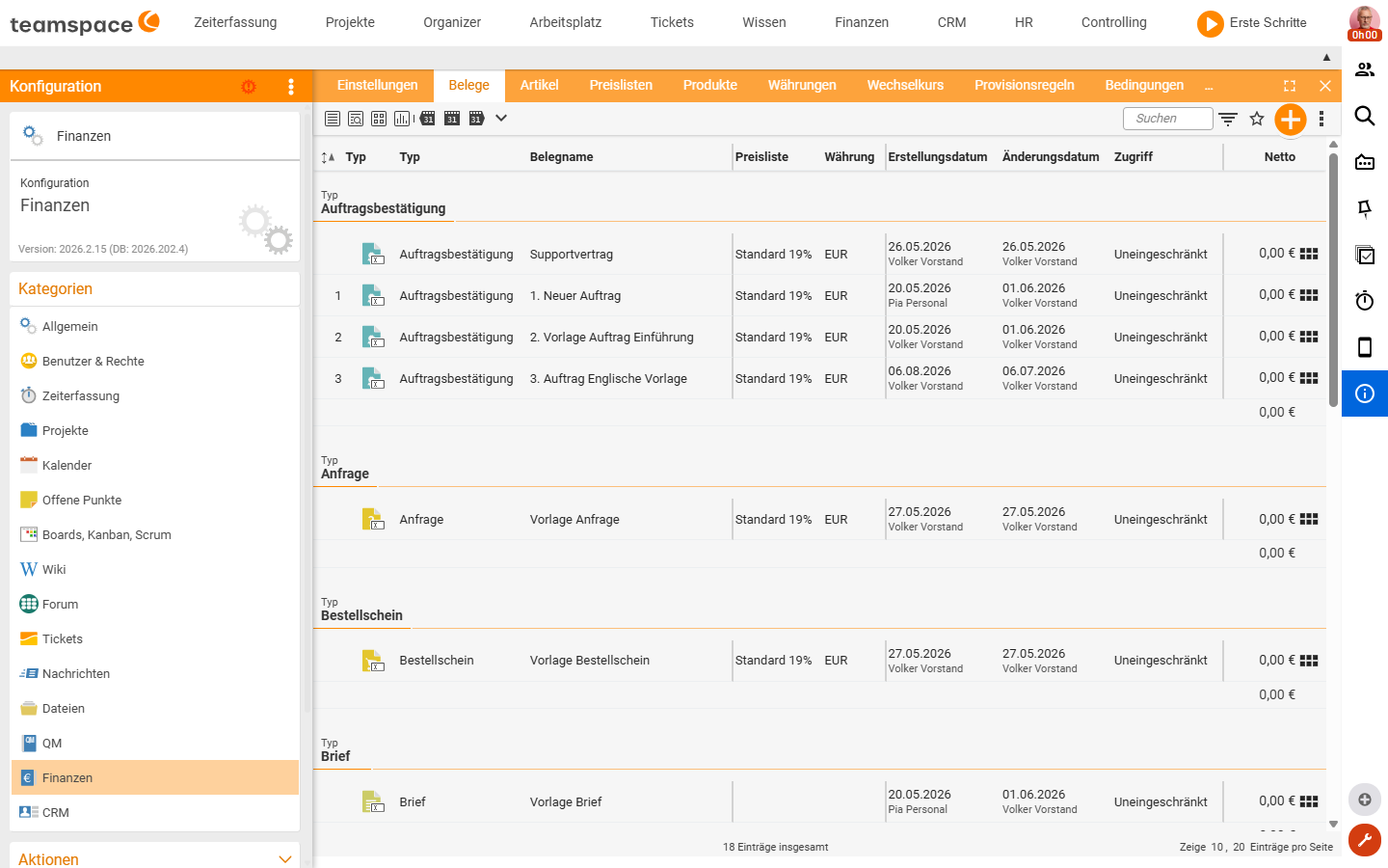 Konfiguration Finanzen Belege: Belegvorlagen-Liste nach Belegtyp gruppiert (Auftragsbestätigung, Anfrage, Bestellschein, Brief)