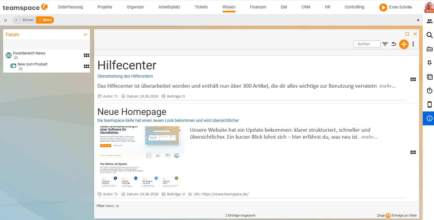 News-Übersicht im Modul Wissen: links die Forenstruktur mit „Forenbereich News“ und „New zum Produkt“, rechts die veröffentlichten Artikel „Hilfecenter“ und „Neue Homepage“ mit Autor, Datum und Teaser
