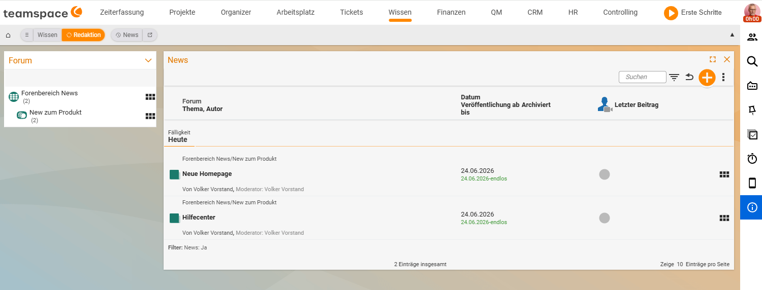 Redaktions-Übersicht im Modul Wissen: Tabelle der Newsartikel „Neue Homepage“ und „Hilfecenter“ mit Spalten Forum/Thema/Autor, Datum und Veröffentlichungszeitraum (24.06.2026–endlos), Archiviert und Letzter Beitrag