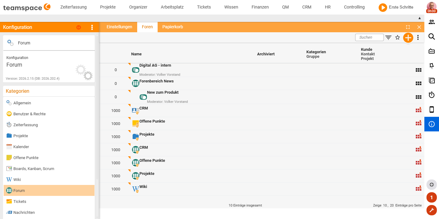 Systemkonfiguration → Forum → Foren: die Foren-Tabelle mit den Spalten Name, Archiviert, Kategorien/Gruppe und Kunde/Kontakt/Projekt; oben die Foren „Digital AG - intern