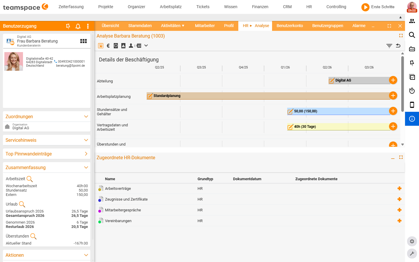 HR-Sub-Tab Analyse: Zeitstrahl Details der Beschäftigung mit Zeilen Abteilung, Arbeitsplatzplanung, Stundensätze und Gehälter, Vertragsdaten und Arbeitszeit, je mit Bearbeiten-Stift und Plus-Icon; links die Zusammenfassung