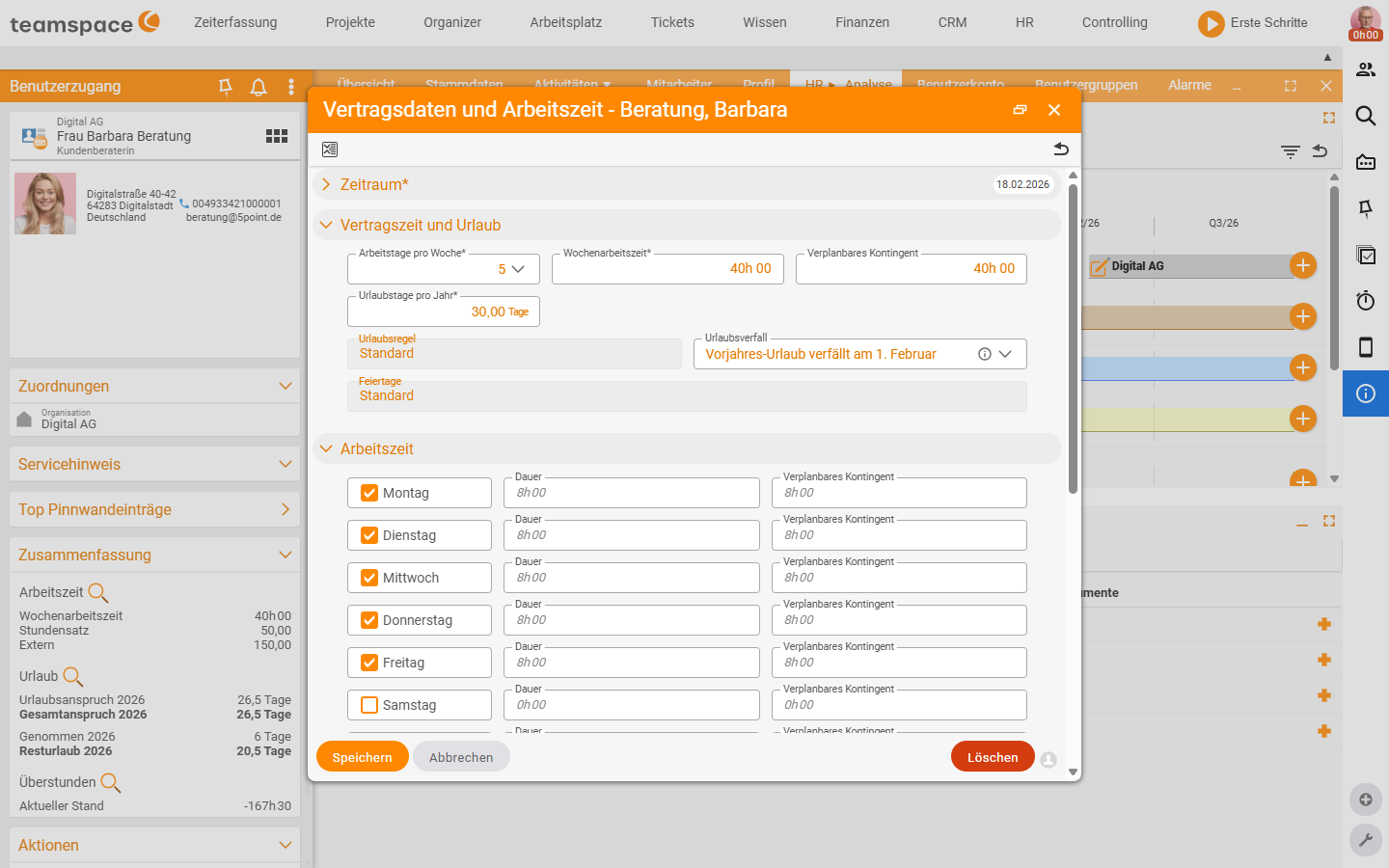 Vertragsdaten-Dialog mit Arbeitstage pro Woche (5), Wochenarbeitszeit (40h), Verplanbares Kontingent, Urlaubstage pro Jahr (30), Urlaubsregel, Urlaubsverfall, Feiertage und der Wochentag-Auswahl Montag bis Freitag (aktiv) mit Dauer und verplanbarem Kontingent je Tag