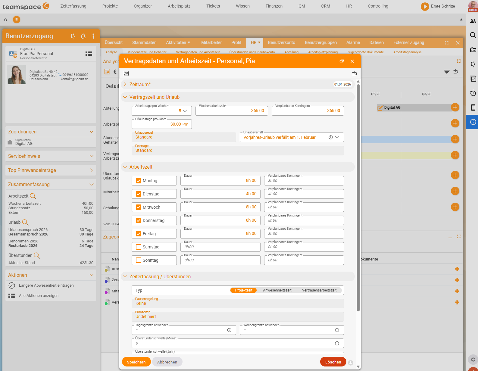 HR-Portal, Dialog „Vertragsdaten und Arbeitszeit