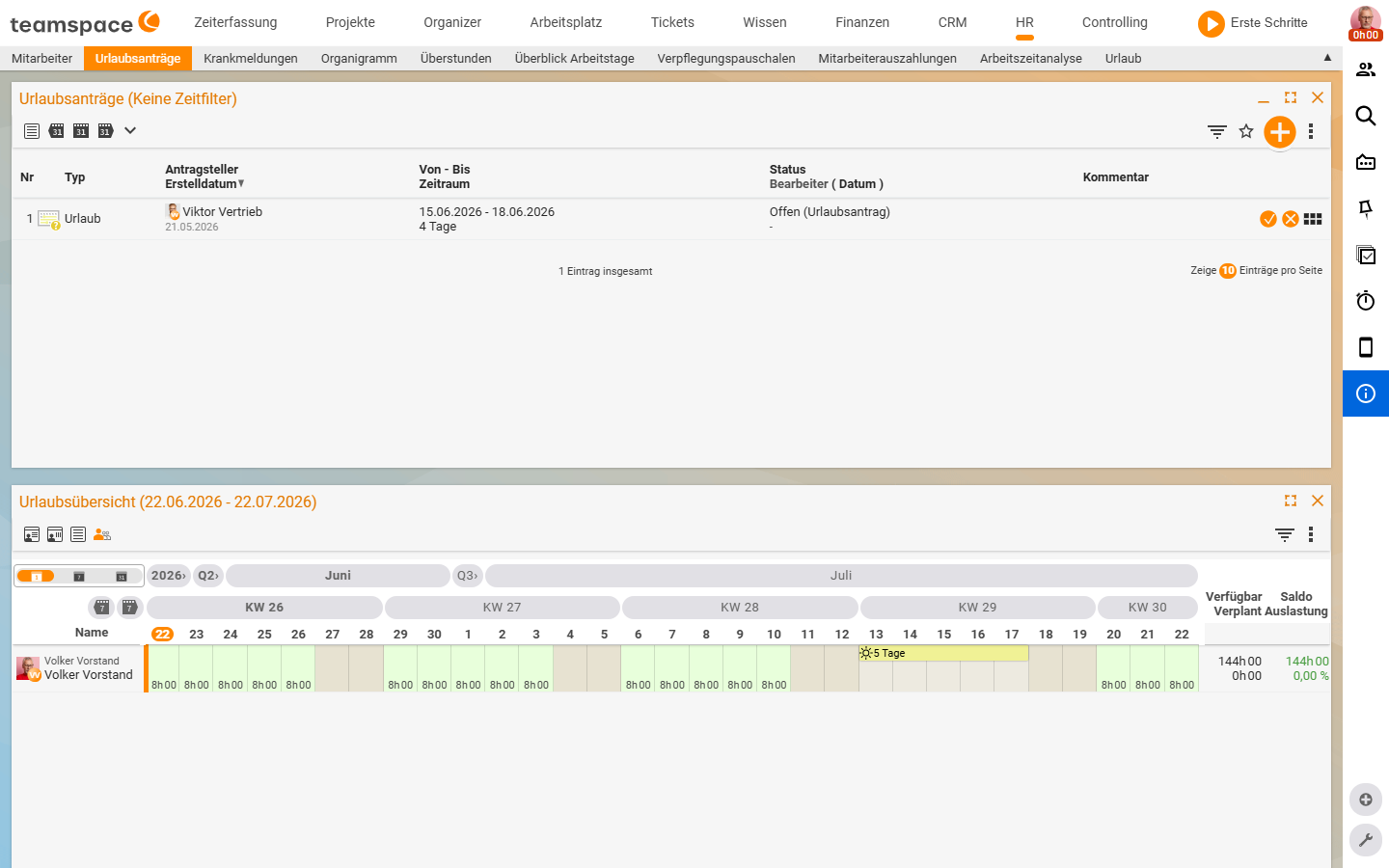 Urlaubsanträge-Tab: oben die Antragsliste mit Viktor Vertrieb (15.-18.06., 4 Tage, Status Offen) und Genehmigen/Ablehnen-Buttons, unten die Urlaubsübersicht als Kalender-Grid mit KW-Spalten und einem 5-Tage-Urlaubsblock