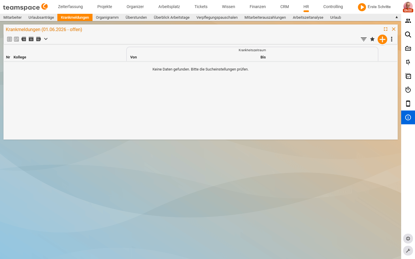 HR-Modul Tab Krankmeldungen mit der Liste: Spalten Nr, Kollege, Krankheitszeitraum (Von/Bis); im aktuellen Zeitraum keine Einträge