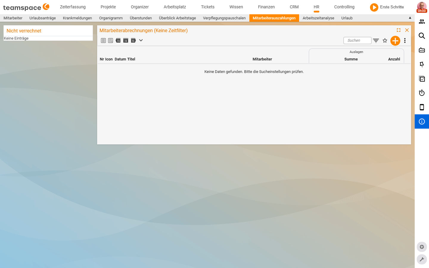 HR-Tab Mitarbeiterauszahlungen: linke Sidebar mit dem Akkordeon Nicht verrechnet, rechts die Abrechnungsliste mit den Spalten Nr, Datum, Titel, Mitarbeiter, Auslagen (Summe, Anzahl)