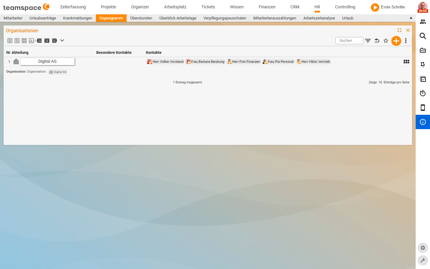 HR-Tab Organigramm mit der Liste Organisationen: Abteilung Digital AG mit ihren Kontakten (Volker Vorstand, Barbara Beratung, Finn Finanzen, Pia Personal, Viktor Vertrieb); oben die View-Toggle-Icons in der Toolbar