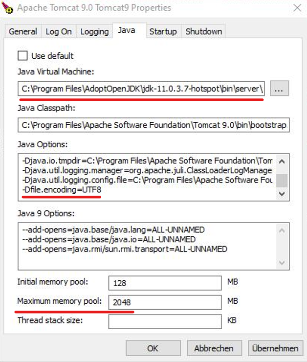 Tomcat-Manager unter Windows mit den Feldern Java Virtual Machine, Java Options und Maximum memory pool