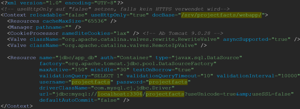 Inhalt der context.xml / ROOT.xml mit den Datenbank-Verbindungsparametern docBase, username, password und url