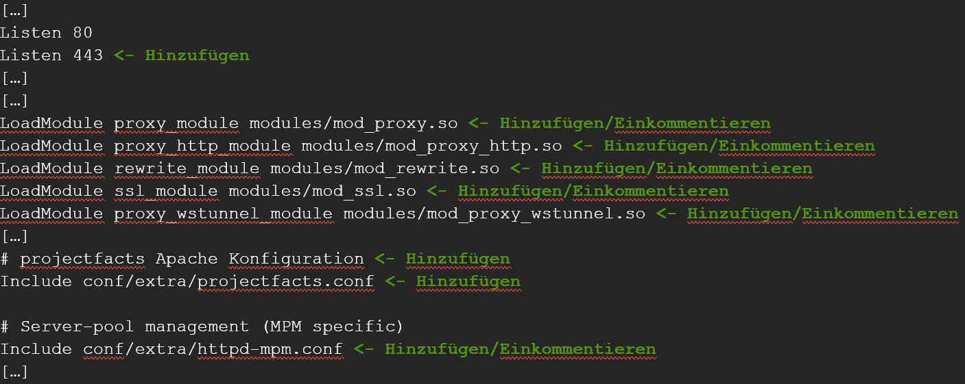 Apache httpd.conf unter Windows mit den anzupassenden Modulen, Ports und der vHost-Konfiguration