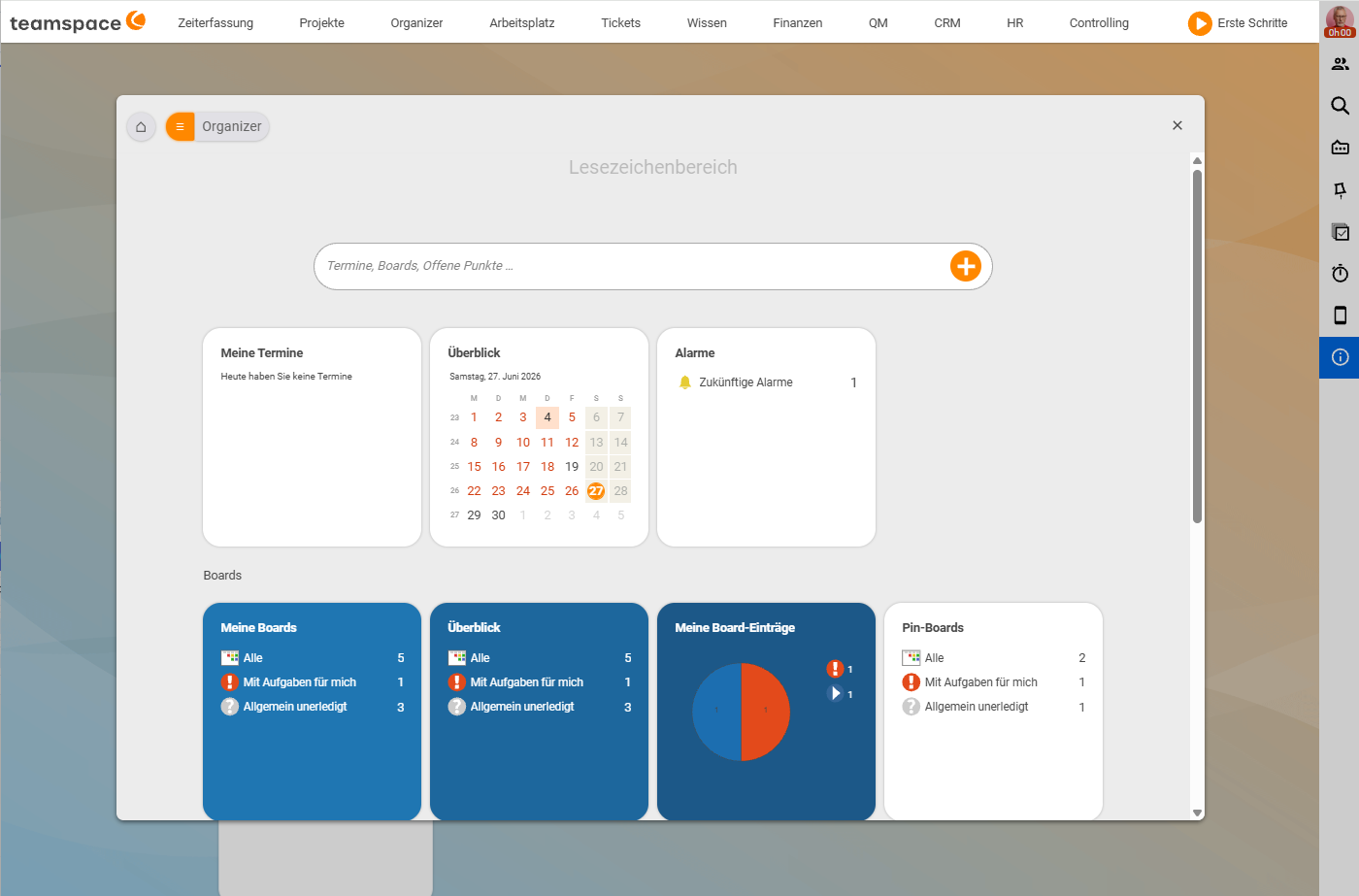 Lesezeichenbereich Organizer mit der Suchzeile „Termine, Boards, Offene Punkte …