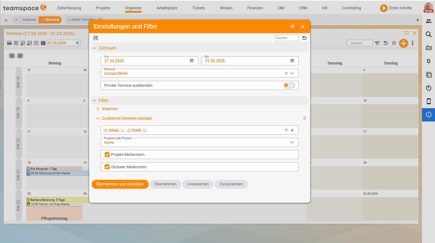 Dialog „Einstellungen und Filter