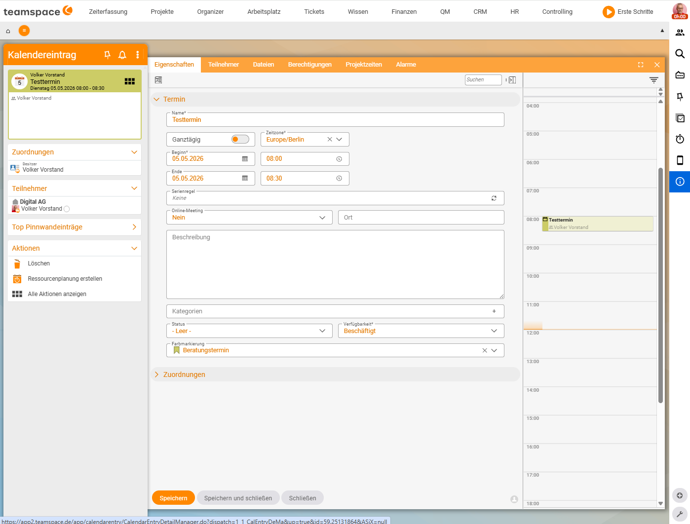Detailmanager des Termins „Testtermin