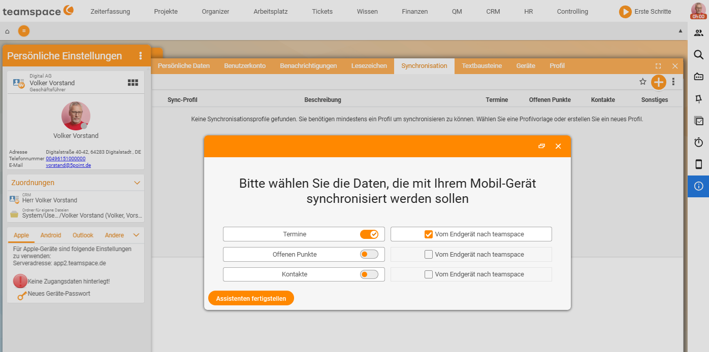 Persönliche Einstellungen im Reiter „Synchronisation