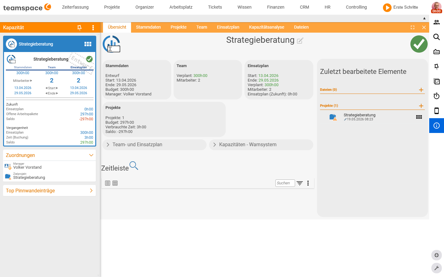 Detailmanager einer Kapazität, Reiter Übersicht aktiv: Reiter-Reihe Übersicht/Stammdaten/Projekte/Team/Einsatzplan/Kapazitätsanalyse/Dateien, Übersichts-Boxen Stammdaten, Team, Einsatzplan und Projekte, Zeitleiste unten