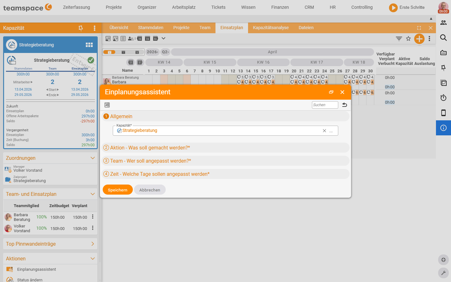 Dialog Einplanungsassistent mit den Akkordeon-Schritten Allgemein (Kapazität), Aktion - Was soll gemacht werden?, Team - Wer soll angepasst werden? und Zeit - Welche Tage sollen angepasst werden?