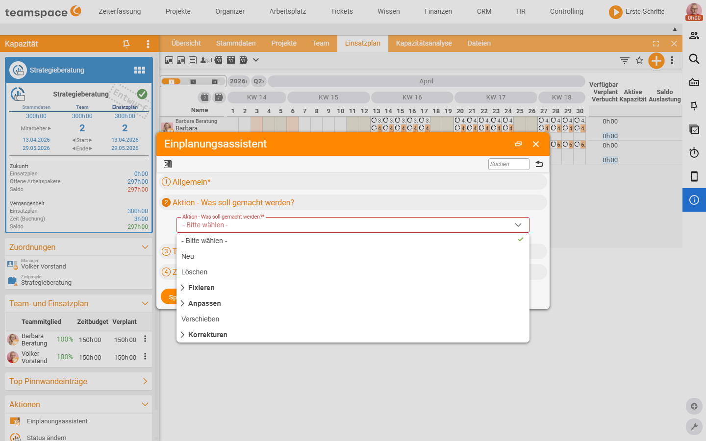 Einplanungsassistent, Schritt Aktion mit aufgeklapptem Drop-down: Neu, Löschen, Fixieren, Anpassen, Verschieben, Korrekturen