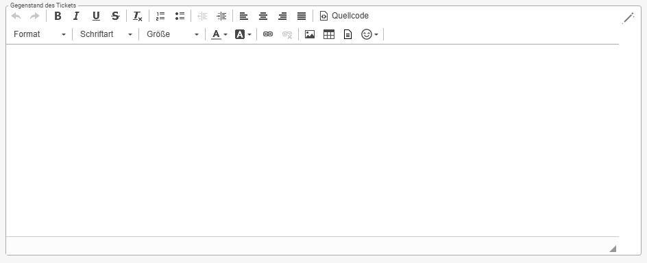 Das leere Feld Gegenstand des Tickets als HTML-Editor mit Werkzeugleiste (Rückgängig, Fett, Kursiv, Listen, Einzüge, Ausrichtung, Quellcode, Format, Schriftart, Größe, Farben, Link, Bild, Tabelle, Emoji); rechts oben neben dem Editor das Zauberstab-Symbol der KI.