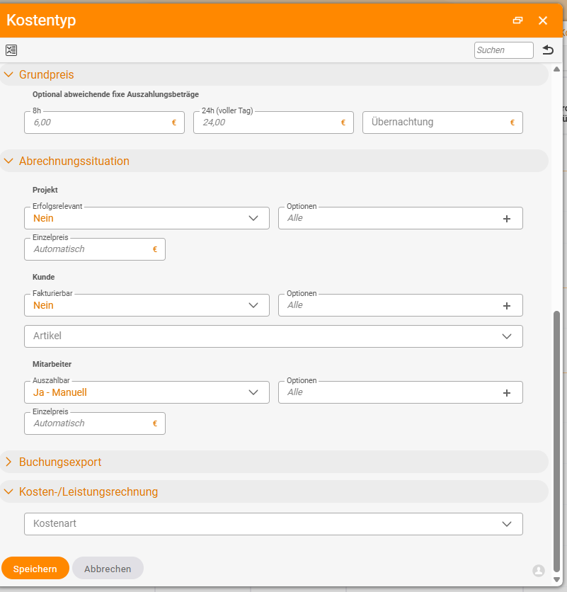 Dialog „Kostentyp“ mit den Abschnitten Grundpreis (fixe Auszahlungsbeträge für 8h, 24h und Übernachtung), Abrechnungssituation (Projekt: Erfolgsrelevant, Kunde: Fakturierbar und Artikel, Mitarbeiter: Auszahlbar), Buchungsexport und unten „Kosten-/Leistungsrechnung“ mit dem einzigen Feld Kostenart.