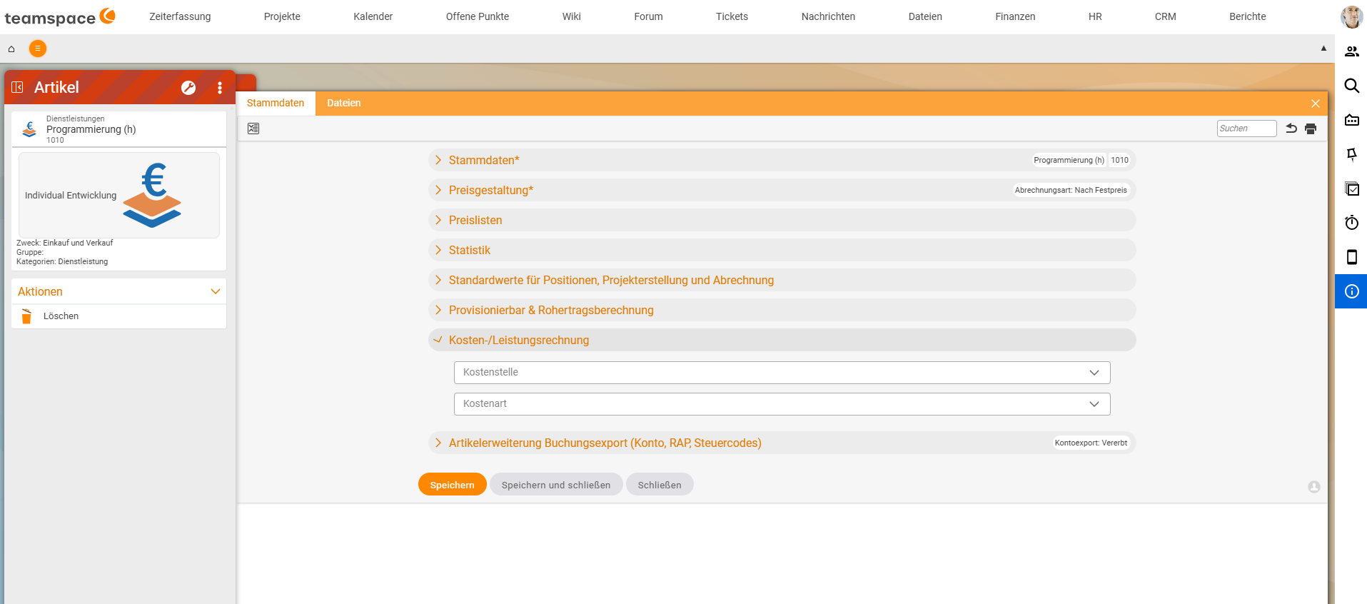 Detailmanager des Artikels „Programmierung (h)“ (1010), Reiter Stammdaten: Akkordeons Stammdaten, Preisgestaltung, Preislisten, Statistik, Standardwerte, Provisionierbar & Rohertragsberechnung und aufgeklappt „Kosten-/Leistungsrechnung“ mit den Feldern Kostenstelle und Kostenart.