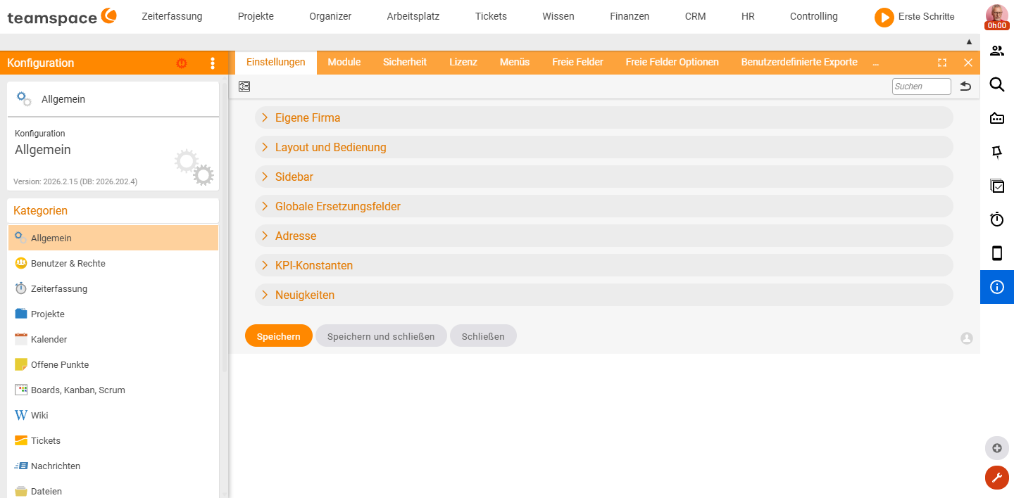 Kachel Einstellungen der Kategorie Allgemein mit den Abschnitten Eigene Firma, Layout und Bedienung, Sidebar, Globale Ersetzungsfelder, Adresse, KPI-Konstanten und Neuigkeiten