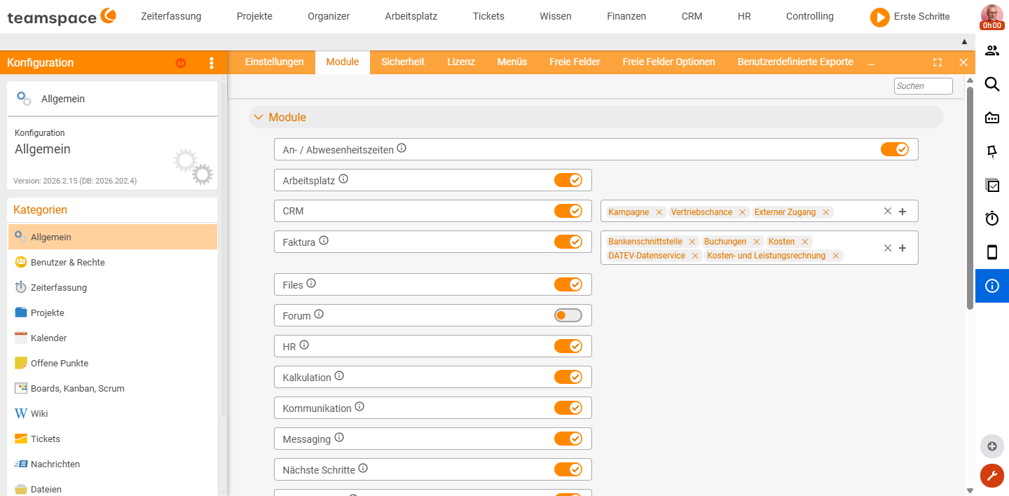 Kachel Module mit Schaltern für CRM, Faktura, HR, Wiki, Tickets und weitere Module