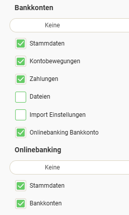 Detailmanager mit den benötigten Berechtigungen für Bankkonto und Onlinebanking