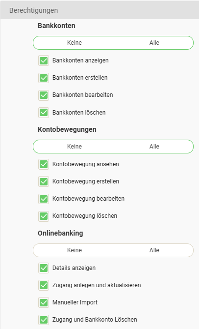 Berechtigungen für die Gruppen Bankkonten, Kontobewegungen und Onlinebanking