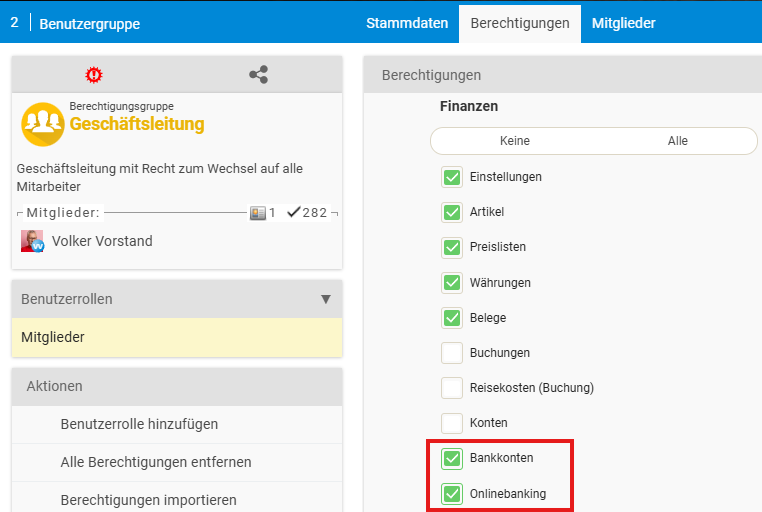 Konfigurationsrechte im Finanzbereich mit den Kacheln Bankkonten und Onlinebanking Zugang