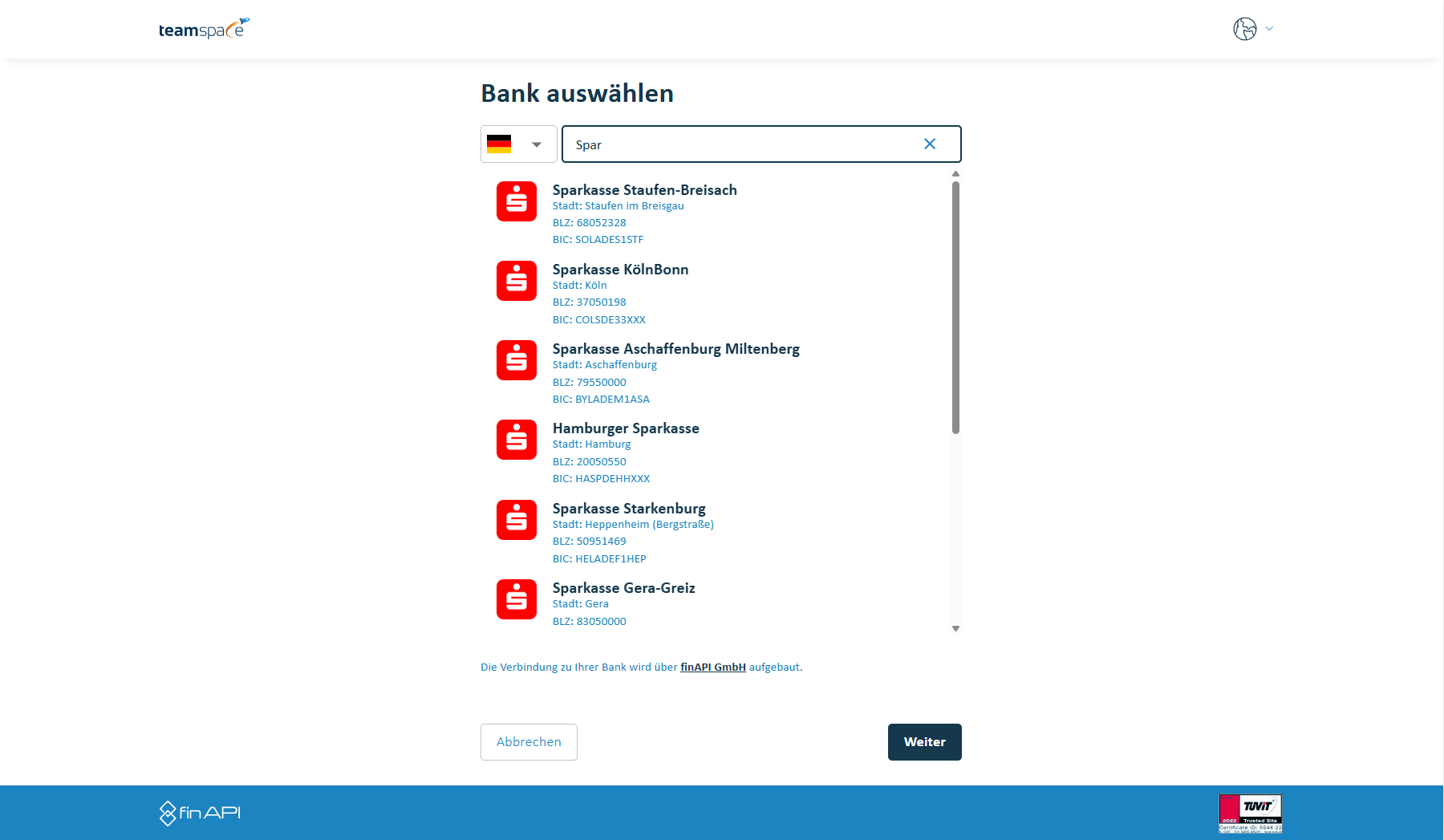 Dialog Neuen Zugang anlegen mit Anmeldung beim Bankkonto über finAPI